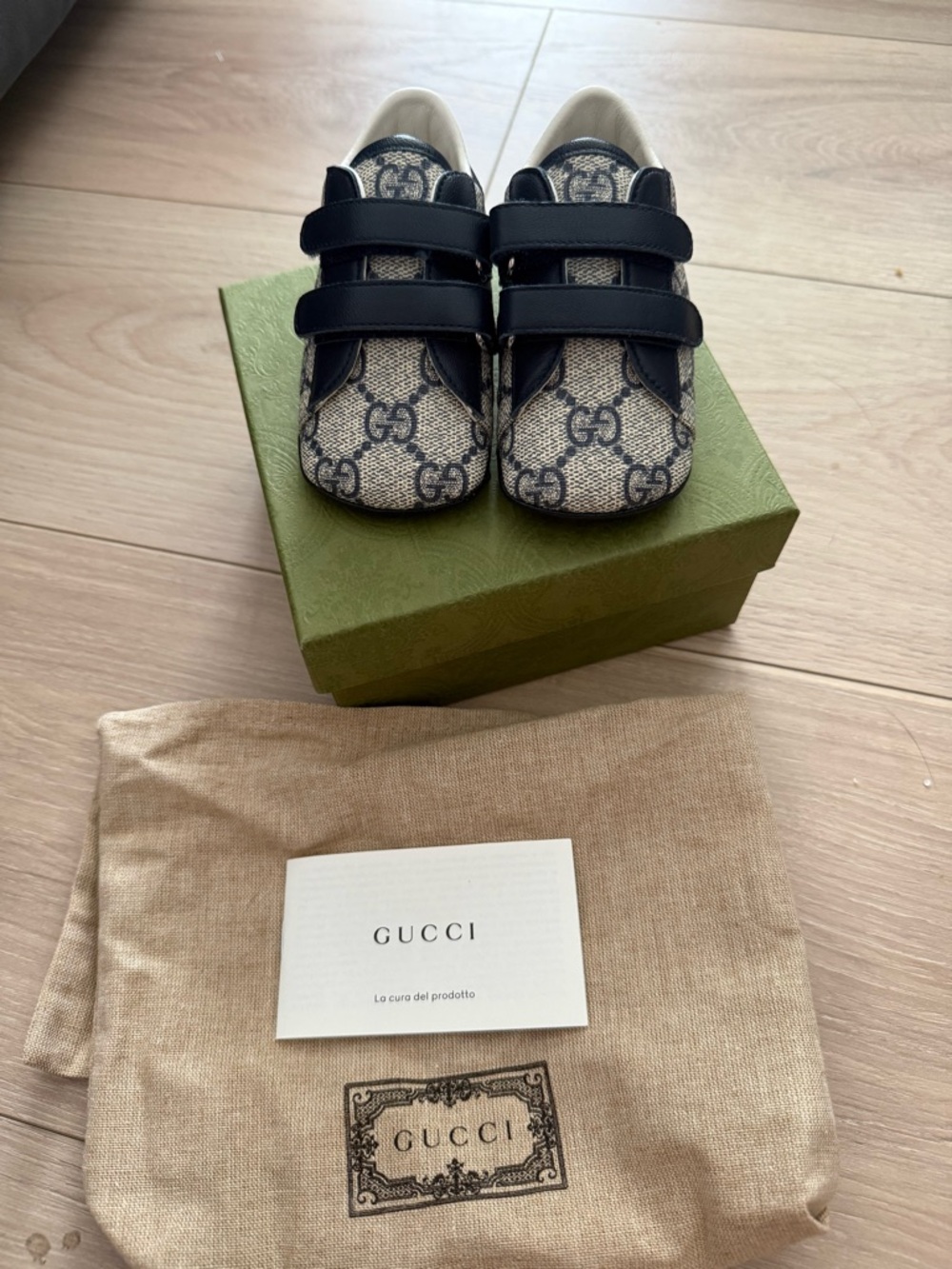 Like new! Gucci Monogram Baby Walker Sneakers with Navy Straps